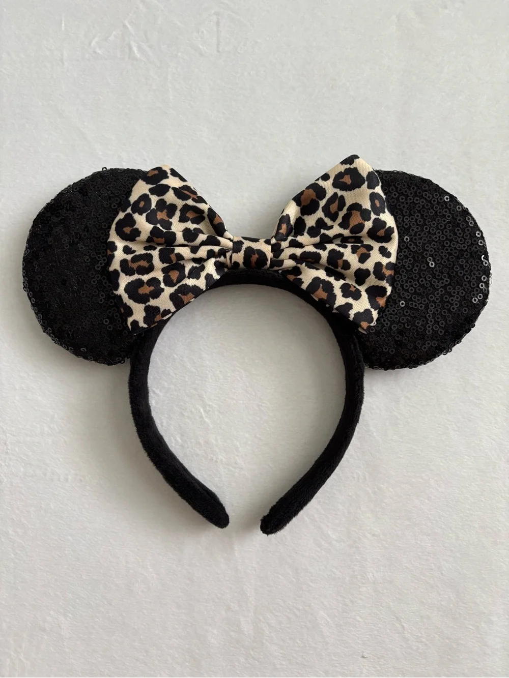 Minnie Mouse Black Sequin Ear Leopard Print Bow Headband